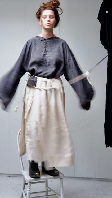 Grey silk turned sleeve kimono top