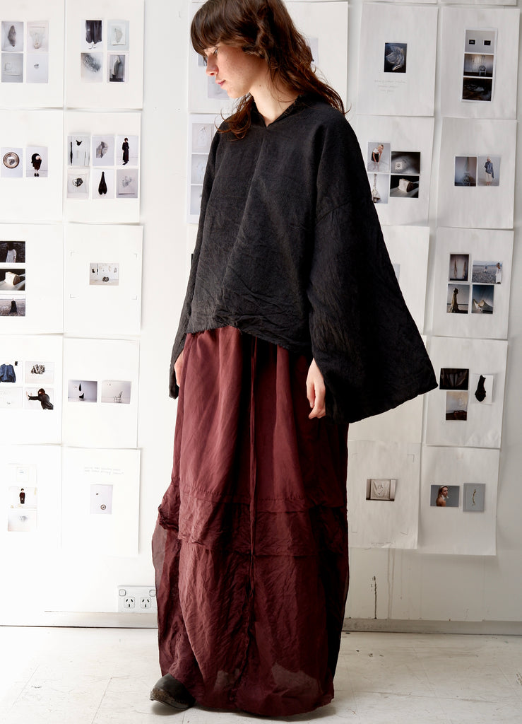 Charcoal long-wide sleeve kimono silk top