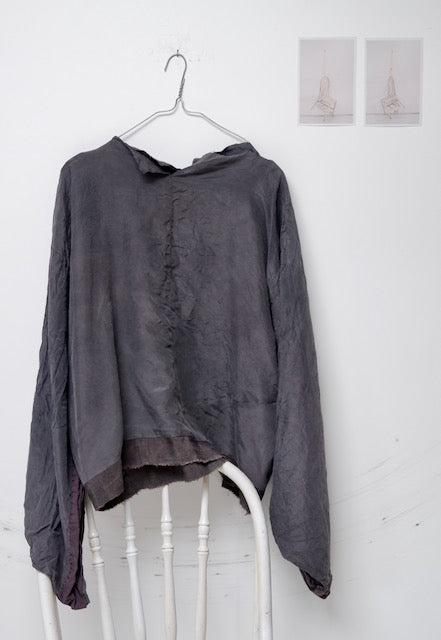 Grey silk turned sleeve kimono top